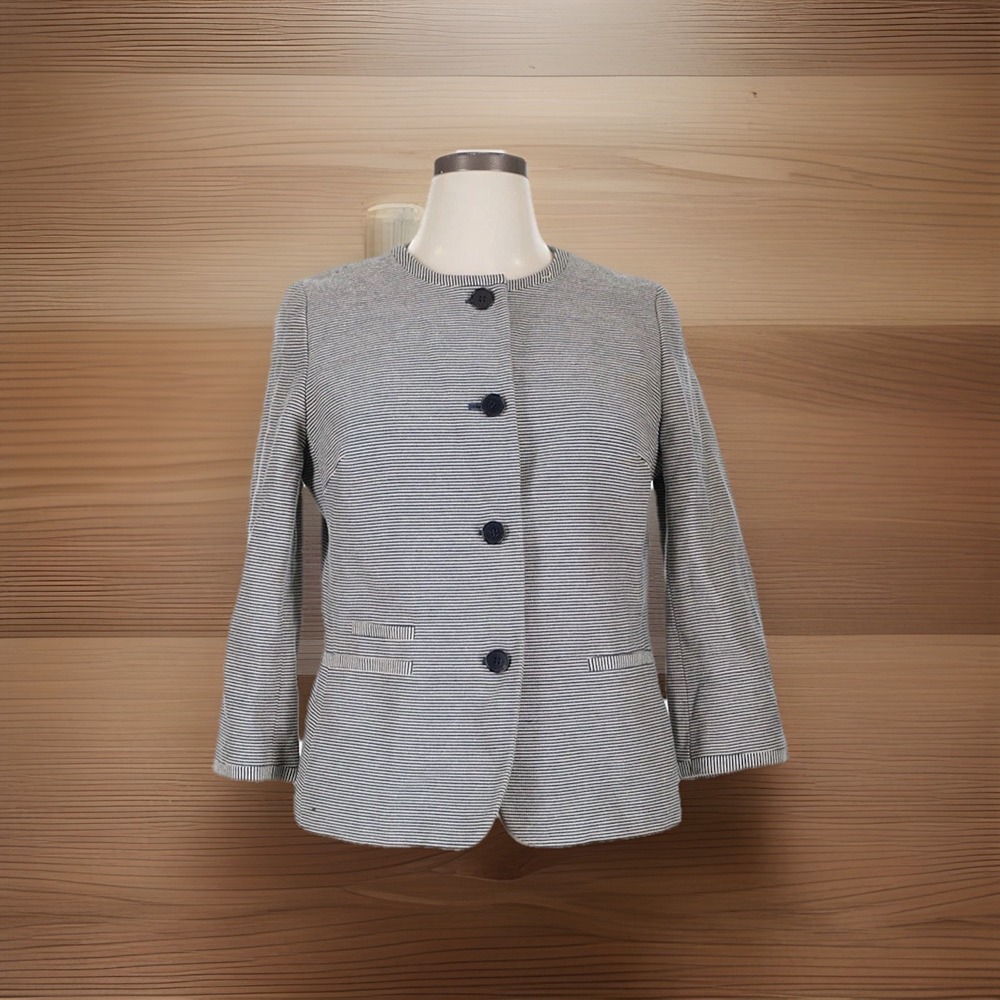 Talbots Cotton Stripped Textured Collarless Blazer 16 Blue White Minimalist Chic